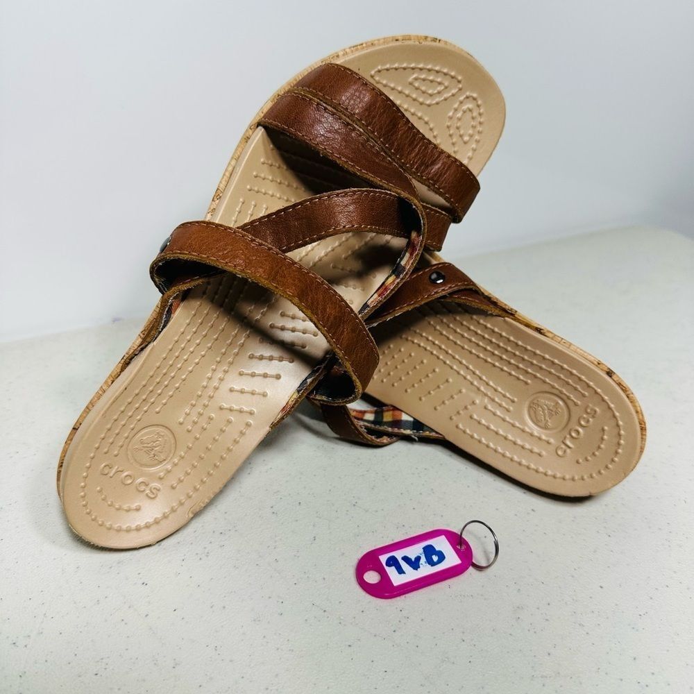 Crocs A-Leigh Womens 7 Brown Leather Cork Wedge Heel Slip On Strap Sandals